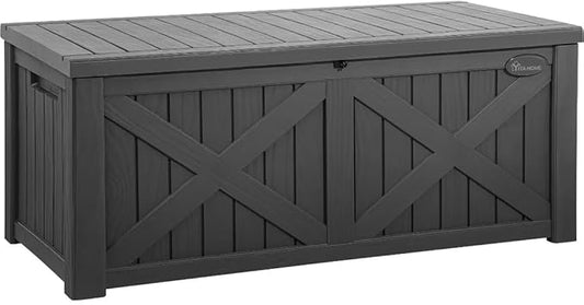YITAHOME 120 Gallon Large Outdoor Storage Box with X-Shaped Front, Waterproof Resin Deck Box Cushion Storage Bench for Patio, Pool Supplies, Garden Tools - Lockable, Dark Gray