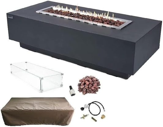 Elementi Granville Gas Fire Pit Cast Concrete Fire Table, Outdoor Fire Pit Electronic Ignition | Canvas Cover, Lava Rock Included | Free AMS Wind Guard | Dark Gray (Propane Gas)