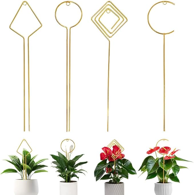 Plant Climbing Support - 4 Pack Small Metal Trellis for Climbing Plants Indoor, 15.7 Inch Indoor Plant Trellis with Different Patterns, Vine Plant Support for Flower Pothos (Gold)