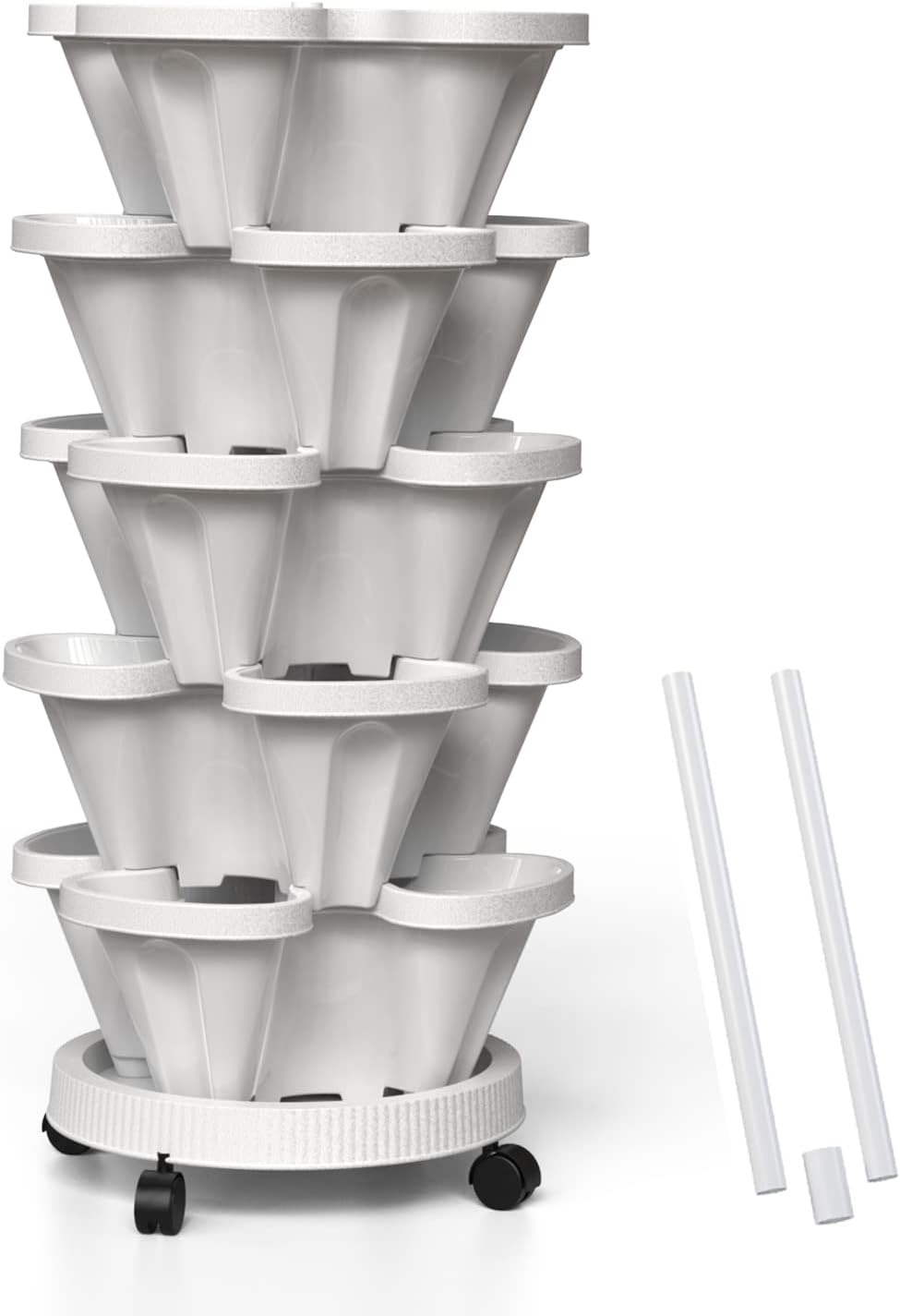 Strawberry Vertical Planters, 5 Tiered Stacking Tower Garden with Support Pole, Stackable Herb Vegetable Planters Indoor and Outdoor - White