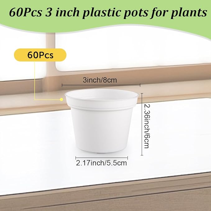 60 Pack 3 Inch White Nursery Pots - Plastic Seedling, Seed Starter, Germination Pots with Drainage for Plants, Succulents, Flowers, Transplanting Gardening Gifts