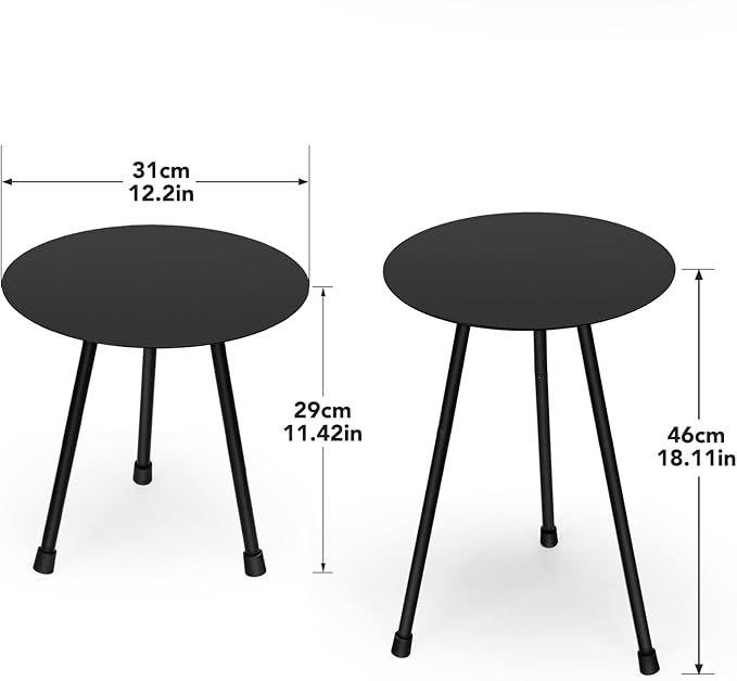2-Pack Metal Outdoor Side Tables, Adjustable Height Round Side Table Weather-Resistant, Black Bistro Camping Tent Beach Table, End Table for Small Spaces, Balcony, Patio, Camping, Garden, 12.2"