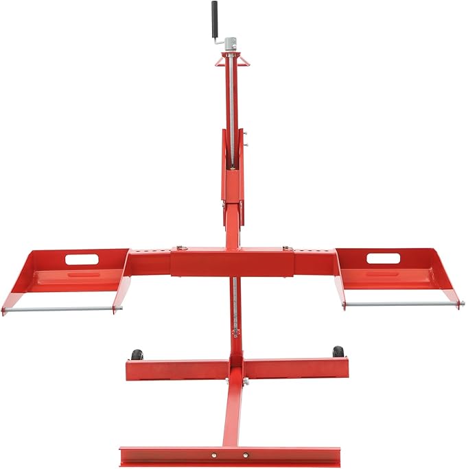 Riding Lawn Mower Lift 750lb Capacity Adjustable Wheel Span Solid Carbon Steel Lawn Mower Lift with 2 Wheels Lawn Mower Lift for Tractors and Zero Turn Lawn Mowers (Red)