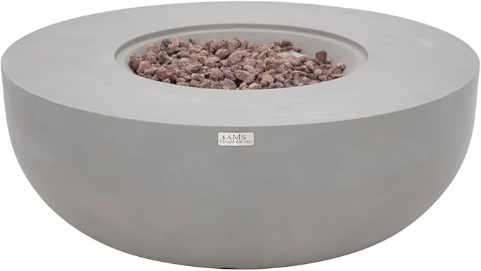 AMS Creations | Eclipse 44" Round Cast Concrete Propane Gas Fire Pit Bowl Table | Light Gray | Smooth Texture Surface | Electronic Ignition | Outdoor Patio Heater Outside Backyard Fireplace