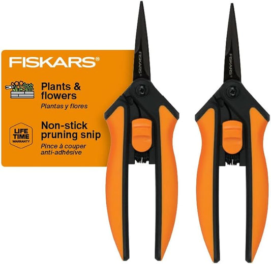 Fiskars Pruning Snips - 6" Garden Shears with Comfort Grip and Spring Action - Sharp and Precise Non-Stick Steel Blades - Quality Pruning Shears for Plants in Grow Tents and Hydroponics - 2 Pack