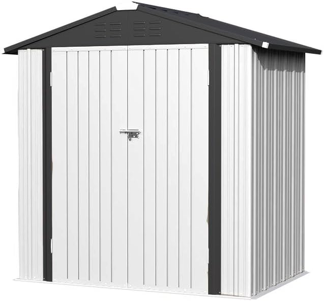 Greesum 6x4FT Outdoor Storage Shed, Metal Storaged Sheds with Lockable Doors, Sheds & Outdoor Storage for Bike, Backyard, Pool and Garden, White