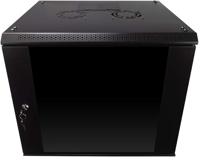 NavePoint 9U Server Rack Enclosure with Glass Door, Cooling Fan, Locks, & Removable Side Panels - 9U Wall Mount Network Cabinet 19 Inch Rack 17.7 Inches Deep