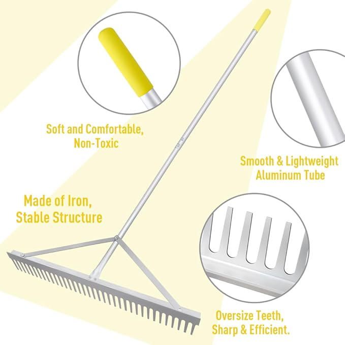 Landscape Rake 36'', Aluminum Rakes with Lightweight 69'' Handle, Landscaping Rake Tool for Lawn Care, Beach