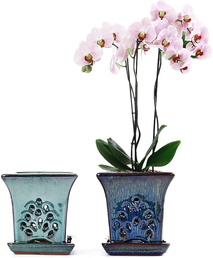 Ceramic Orchid Pots with Holes attached Saucers 4.8 Inches - Set of 2 Small Square Orchid Pots for Repotting, Decorative Ceramic Orchid Planter with Hole for Healthy Root Growth Blue and Green