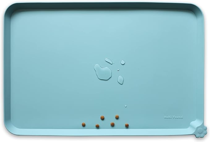Hoki Found L Silicone Non Slip Pet Food Tray - Dog Cat Bowl Mats - Waterproof Dog Cat Food Mats for Carpet - Light Turquoise