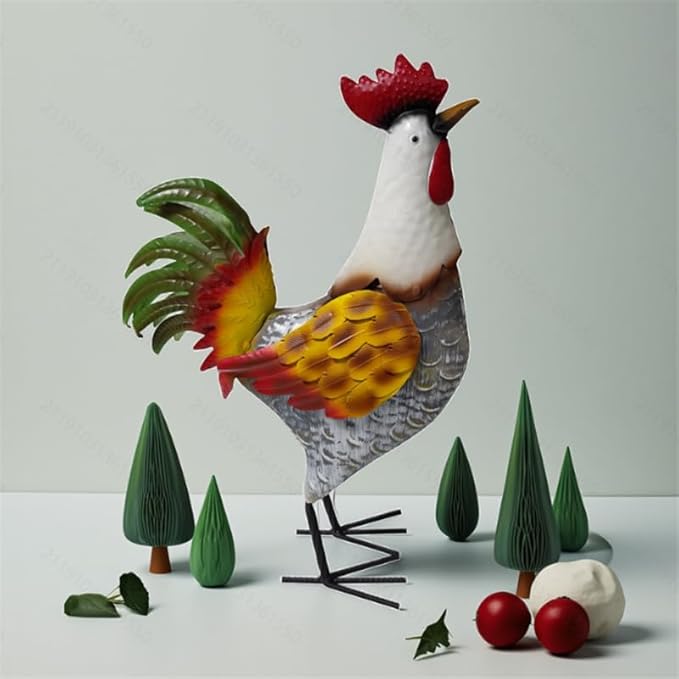 Metal Rooster Statue, Garden Outdoor Decor, Red and Gold Feathers, Weather Resistant, Metal Chicken Yard Art Sculpture, Iron Garden Animal Statue
