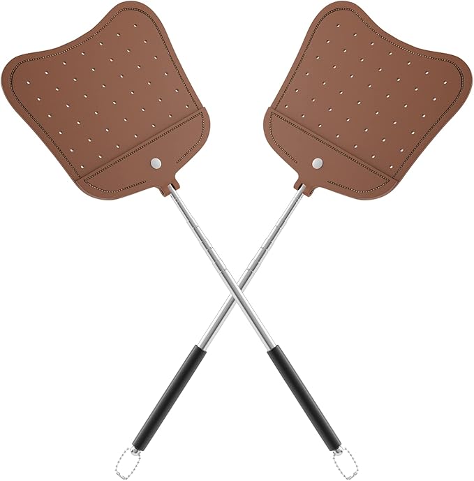 Foxany Telescopic Fly Swatters Heavy Duty Set, Leather Fly Swatter with Extendable Long Handle, Flexible Manual Flyswatter for Indoor Outdoor, 2 Pack