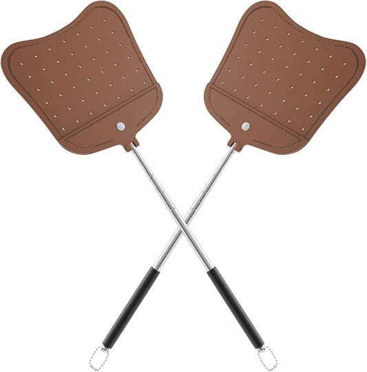Foxany Telescopic Fly Swatters Heavy Duty Set, Leather Fly Swatter with Extendable Long Handle, Flexible Manual Flyswatter for Indoor Outdoor, 2 Pack