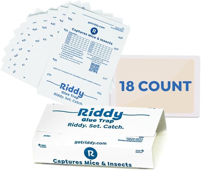 Riddy Glue Boards, 18 Boards, Pre-Baited, Ready to Use Mouse Traps Indoor for Home, Sticky Adhesive for Bugs and Rodents, 5.5" x 7.5"