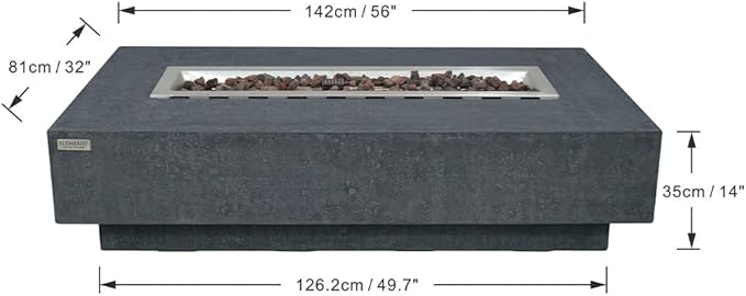 Hampton Concrete Fire Pit 56" x 32" Outdoor Patio Firepit Includes Lava Rocks Modern Fire Pits & Outdoor Fireplaces for Garden, Deck, Indoor & Outdoor Heating