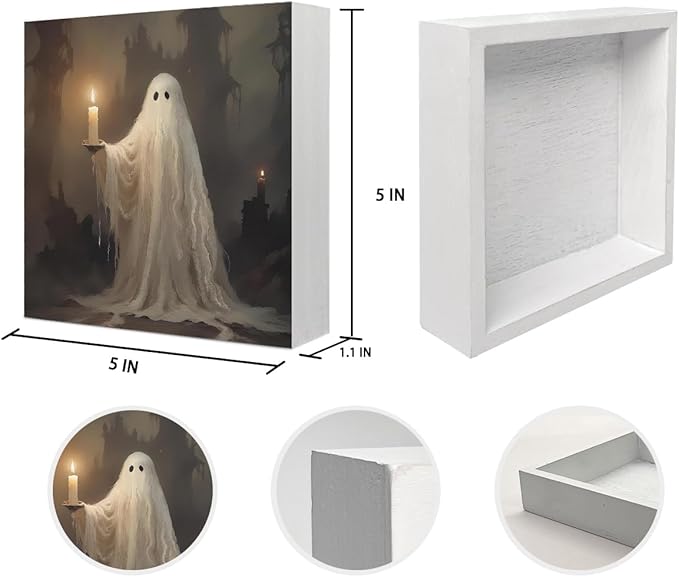 Mtrgdn Cute Halloween Decor,Spooky Ghost Desk Decor Wooden Box Sign,Halloween Home Office Kitchen Bathroom Bedroom Coffee Bar Party Table Shelf Wall Decorations,5x5 Inch