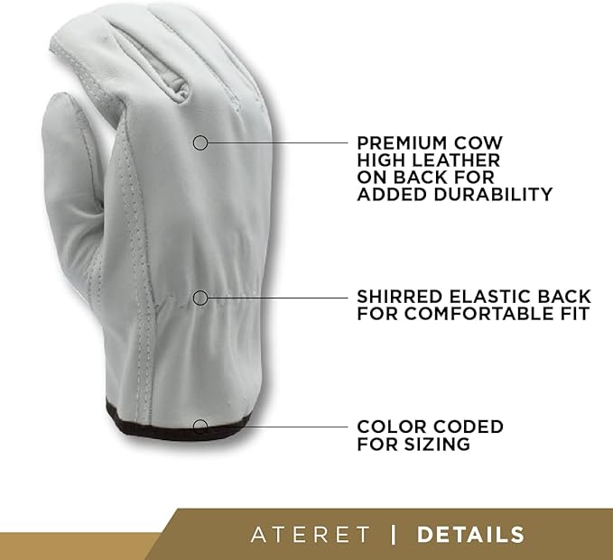 12 Pairs Heavy Duty Durable Cowhide Leather Work Gloves for Construction, Industrial and Personal Use