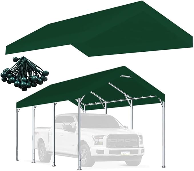 Rutile 12 x 20 FT Carport Replacement Cover, Heavy Duty Car Tarp Canopy Tent Replacement Top w/Ball Bungees Green (Only Top Cover, Frame is not Included)