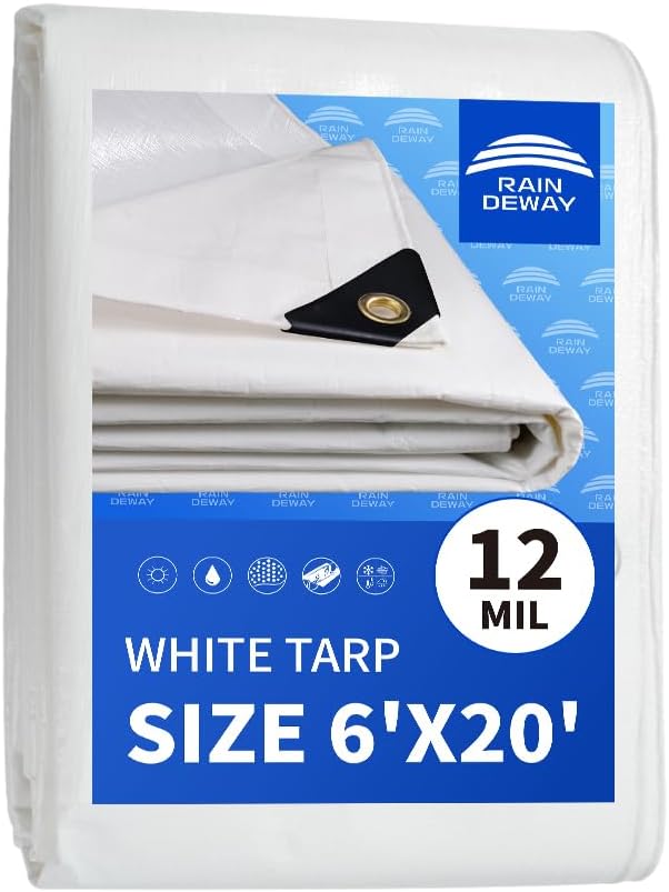 RAINDEWAY 12 Mil Heavy Duty White Tarp 6x20 Feet, UV Resistant, Waterproof, Weatherproof Poly Tarp with Metal Grommets and Reinforced Edges