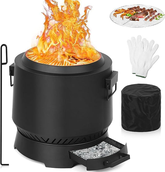 BOINN 20-Inch Outdoor Smokeless Wood Burning Fire Pit: Low-Smoke Bonfire Experience with Grill, Fire Poker & Large Capacity for Backyard, Patio, Picnics & BBQs Update