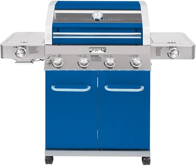 Monument Grills Larger 4+2 Burner Propane Gas Grills Stainless Steel Cabinet Style with Clearview® Lid, Knob Controls, Built-In Thermometer, Infrared Side Sear Burners & Side Burners, Blue