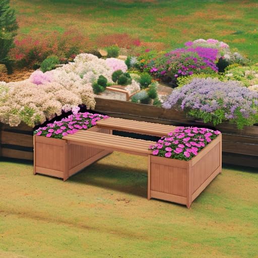 Giantex Set of 2 Outdoor Bench, Wood Raised Garden Bed w/Open Base, Weather-Resistant Rectangular Deep Planter Boxes for Flowers Fruit Vegetable, Bench Seat for Porch Yard Balcony Lawn