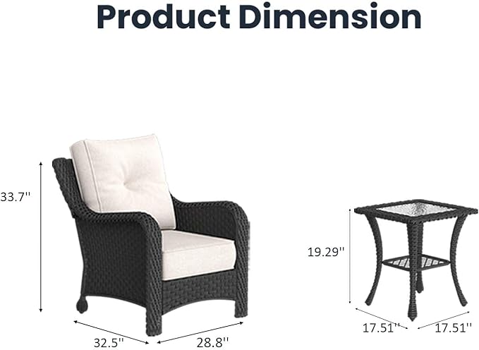 3 Pieces Outdoor Patio Furniture Sets with Single Chairs with 6-inch Thick Cushion and Side Table for Deck Lawn