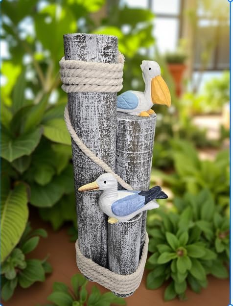 Pelican and Seagull Statue on Wood Pilings – Coastal Garden Decor, Nautical Bird Sculpture for Porch, Pool, Patio or Beach House - Marine Bird Sculpture Nautical Decor