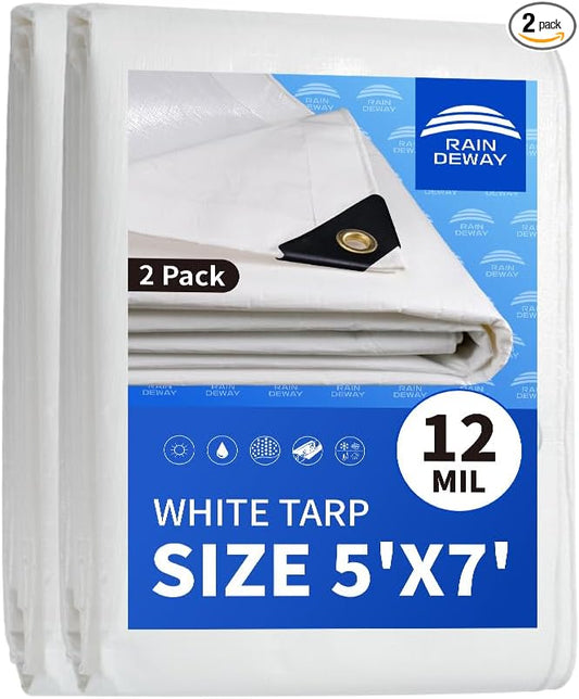 RAINDEWAY 12 Mil Heavy Duty White Tarp 5x7 Feet (2 Pack), UV Resistant, Waterproof, Weatherproof Poly Tarp with Metal Grommets and Reinforced Edges