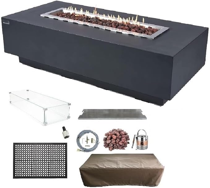 Elementi Granville Gas Fire Pit Bundle Concrete Fire Table, Outdoor Fire Pit Electronic Ignition | Canvas Cover, Lava Rock Included | Free AMS Wind Guard | Dark Gray (Natural Gas)