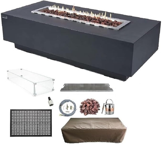Elementi Granville Gas Fire Pit Bundle Concrete Fire Table, Outdoor Fire Pit Electronic Ignition | Canvas Cover, Lava Rock Included | Free AMS Wind Guard | Dark Gray (Natural Gas)