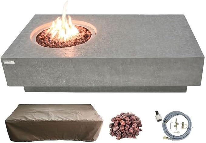 Elementi | Metropolis Gas Fire Pit Cast Concrete 56" Rectangular Fire Table, Outdoor Fire Pit Electronic Ignition | Canvas Cover, Lava Rock Included | Light Gray (Natural Gas)