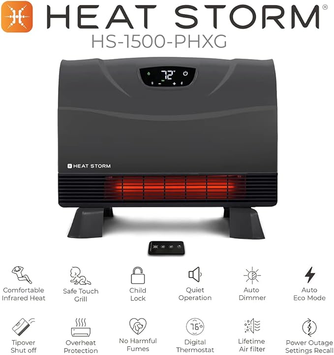 Heat Storm Phoenix HS-1500-PHX, Infrared Space Heater with Attachable Feet, Remote Control, Energy Efficient-750-1500 Watts, Gray Floor or Wall
