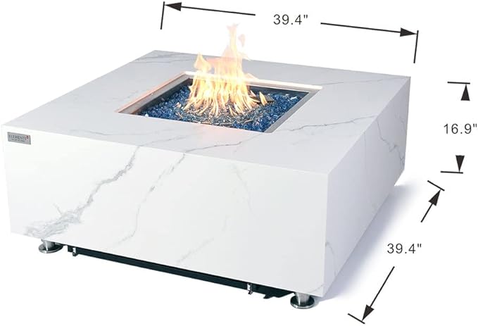 Bianco Marble Fire Pit 39.4" x 39.4" Outdoor Patio Firepit Includes Fire Glass Modern Fire Pits & Outdoor Fireplaces for Garden, Deck, Indoor & Outdoor Heating