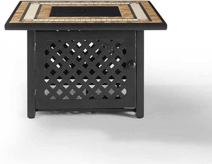 Brown Fire Pit Table with Tiled Top, Beads, and Covers – Propane Backyard Fireplace and Patio Furniture with Hidden Tank Storage