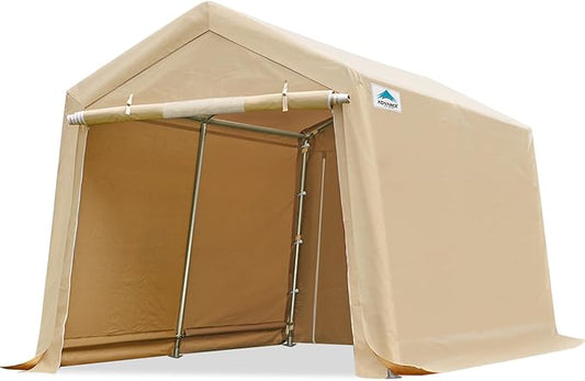 ADVANCE OUTDOOR 8X14 ft Steel Metal Peak Roof Portable Garage Shelter Storage Shed Carport for Motorcycle Bike or Garden Tools with 2 Roll up Doors & Vents, Beige