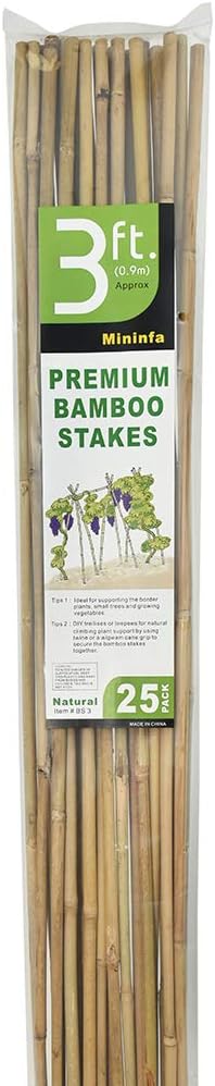 Mininfa Natural Bamboo Stakes 3 Feet, Eco-Friendly Garden Stakes, Plant Stakes Supports Climbing for Tomatoes, Trees, Beans, 25 Pack