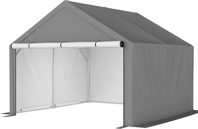 10x10 Ft Portable Outdoor Storage Shed,Bike Shed Storage Tent W/Double Zippers & 4 Tensioners,Carport W/Buckles & 6 Ground Pegs,Car Port Shelter for Garden,Motorcycle Shelter,Lawn,Gray
