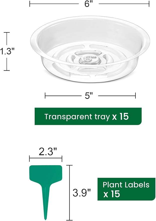 GROWNEER 15 Packs 6 Inches Clear Plant Saucers Flower Pot Trays, with 15 Pcs Plant Labels, Plastic Plant Saucer Drip Trays for Indoor Outdoor Plants Garden