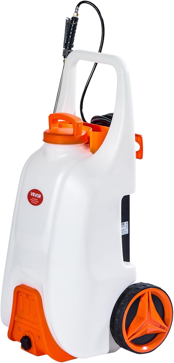 VEVOR 13.1 Gallon Battery Powered Sprayer with Wheels, Adjustable 0-80 PSI, 5 Nozzles and 98ft Hose Included, Orange