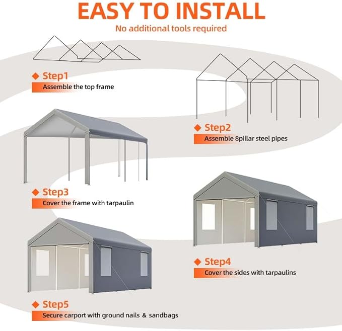 Carport,10x20 Heavy Duty Carports, Canopy, Garage, Metal Shed, with 4 Roll-up Ventilated Windows, Outdoor, Storage, Car, Boat,10x20 Grey