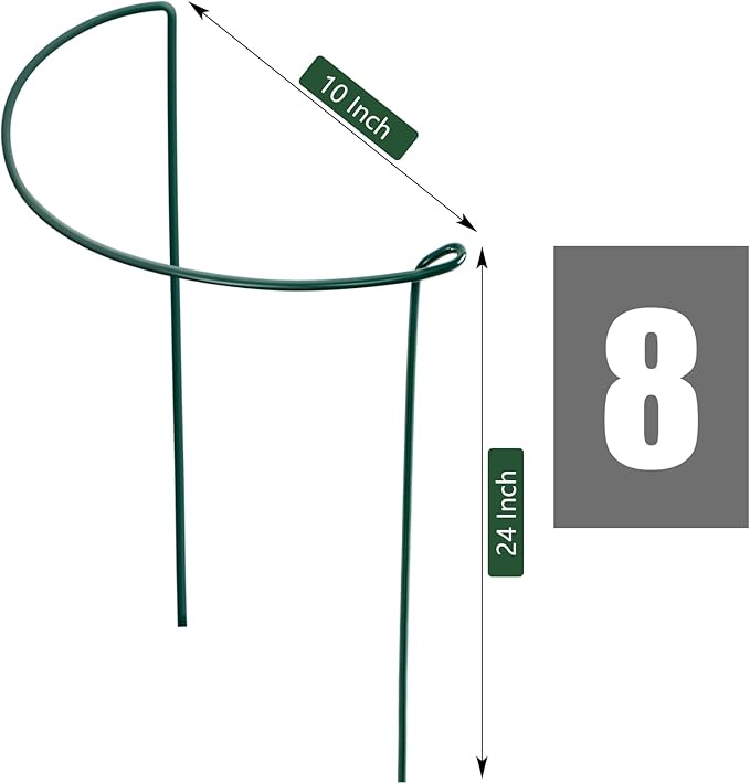 FEED GARDEN 8 Pack Plant Support Stakes, Peony Cages and Supports, Metal Garden Plant Stake(10" Wide x 24" High) Green Half Round Plant Support Rings for Outdoor Indoor Plants, Tomato, Hydrangea