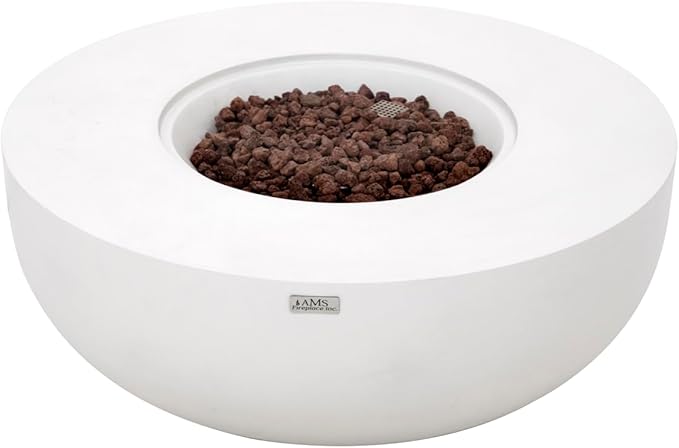 AMS Creations | Eclipse 44" Round Cast Concrete Propane Gas Fire Pit Bowl Table | Cream White | Smooth Texture Surface | Electronic Ignition | Outdoor Patio Heater Outside Backyard Fireplace