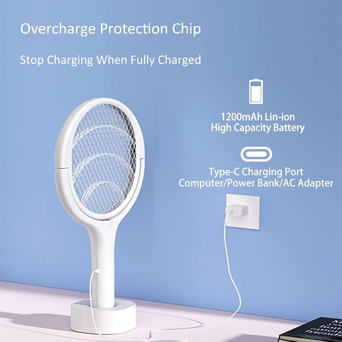 Electric Bug Zapper Racket Mosquito Fly Gnat Wasp Killer USB Type-C Rechargeable Electric Fly Swatter Racket Fly Mosquito Zapper Indoor Rotating Head (1 - Pack)