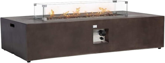 COSIEST Outdoor Propane Fire Pit Table 56" x 28" Rectangle Bronze Compact Concrete-Like Finish, CSA Certified, 50,000 BTU,Wind Guard, Tank Outside, Free Lava Rocks, Fits 20lb Tank Outside, Raincover