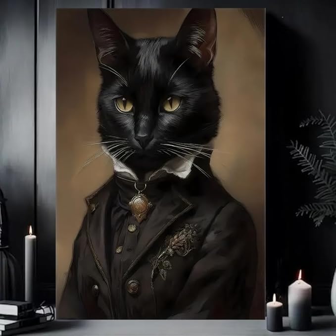 Jatinoo Black Cat Wall Art Framed Canvas - Gothic Home Decor, 16x24 Inch Vintage Print for Dark Academia, Moody Witchy Halloween Decor, Aesthetic Room Poster & Cat Lover Gift