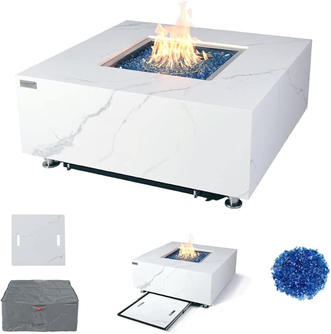 Bianco Marble Fire Pit 39.4" x 39.4" Outdoor Patio Firepit Includes Fire Glass Modern Fire Pits & Outdoor Fireplaces for Garden, Deck, Indoor & Outdoor Heating
