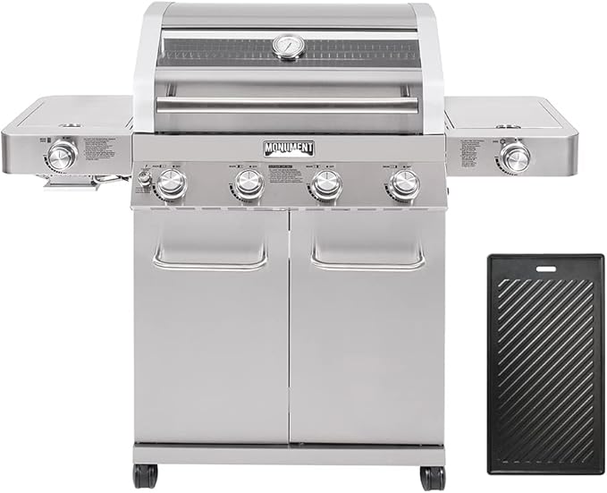 Monument Grills Larger 4-Burner Propane Gas Grills Stainless Steel Cabinet Style with Infrared Side Sear & Side Burners with Cooking Plate(2 Items), Outdoor Use
