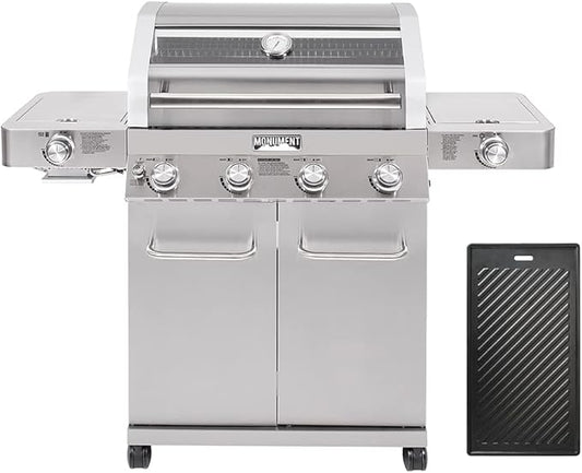 Monument Grills Larger 4-Burner Propane Gas Grills Stainless Steel Cabinet Style with Infrared Side Sear & Side Burners with Cooking Plate(2 Items), Outdoor Use