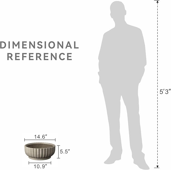 Kante Round Fulted Bowl Planter, 14.6 Inch Dia Large Concrete Flower Pots with Drainage Hole and Rubber Plug, Suitable for for Indoor Outdoor Plants, Home, Patio, Garden, Weathered Concrete